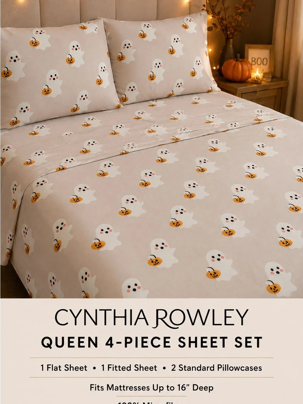 Cynthia Rowley Beige Ghost & Pumpkin Queen Sheet Set